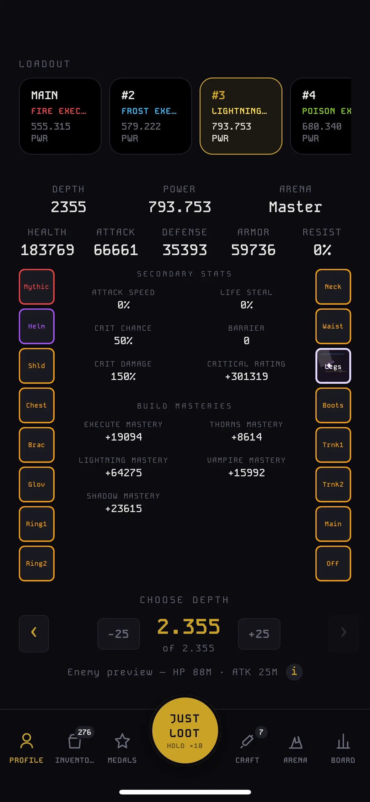 Character profile with equipped gear and stats